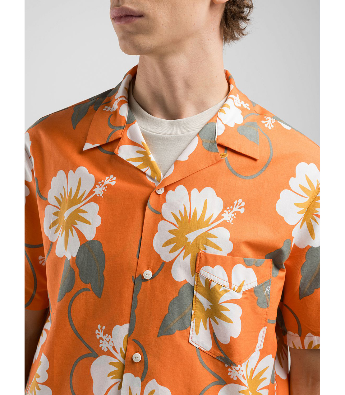 コットンポプリン ハイビスカスアロハシャツ（セットアップモデル） 詳細画像 オレンジ 6